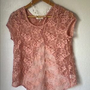 Poetry Rose Pink Lace Overlay Short Sleeve Blouse